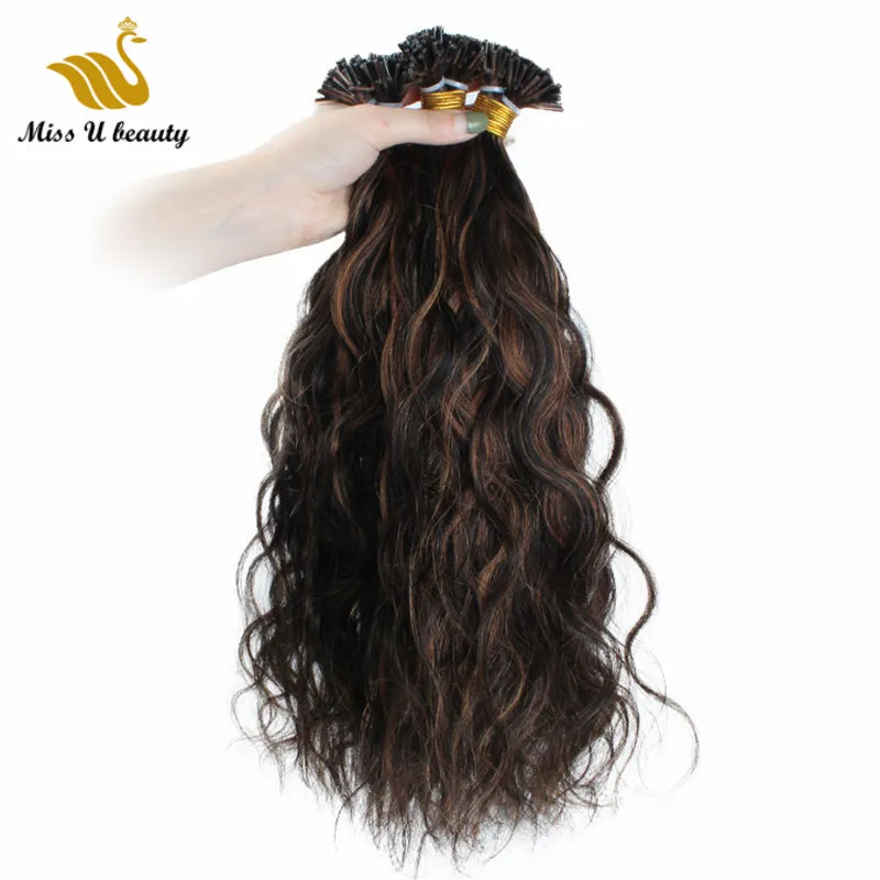 블랙 브라운 믹스 컬러 # 1B / # 6 I 팁 인간의 머리카락 확장 고품질 Virginhair 자연 웨이브 물결 모양 100g / 팩