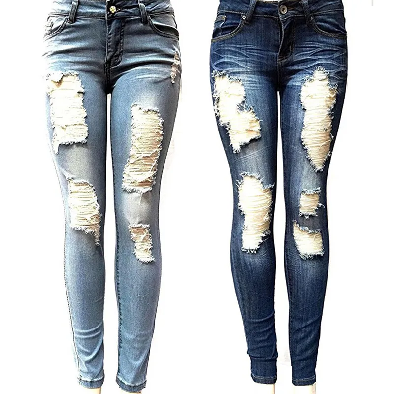 Womens Skinny Hole Ripped Jeans New Fashion Women Baggar Pants Heigh Quality Boyfriend Denim Biker Jeans Female Pencil Pants K81W