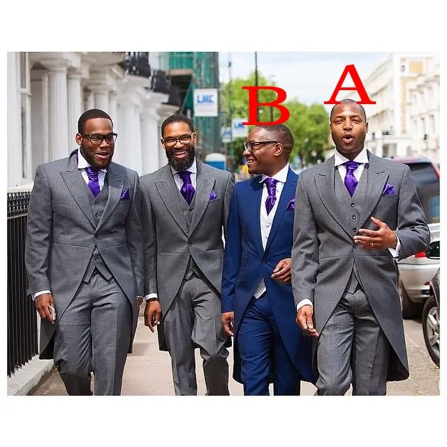 Grey Navy Blue Tailcoat Groom Tuxedos Men Wedding Dress Best Popular Men Business Prom Collective 3 Piece Suit Jacket Pants Tie Vest 2284