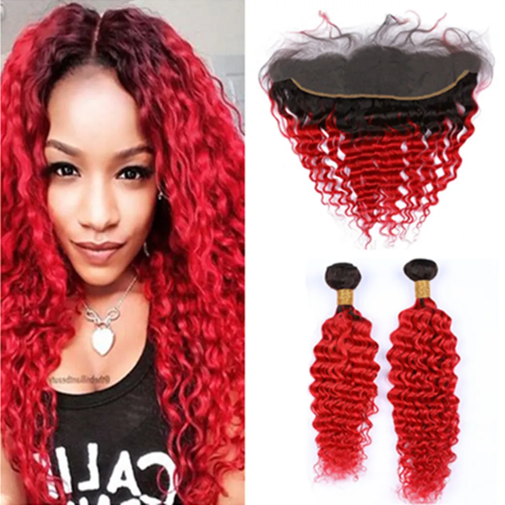 Cheveux humains brésiliens Ombre Rouge Deep Wave 2Bundles et Frontal 3Pcs Lot # 1B / Red Black Roots Ombre Wavy 13x4 Lace Frontal avec Weaves