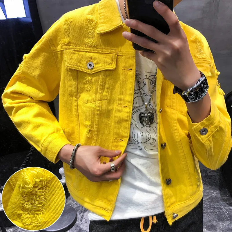 Automne nouveau jaune Denim veste Super beau Couple manteau mode Street Style cassé trou veste haute qualité taille S-3XL