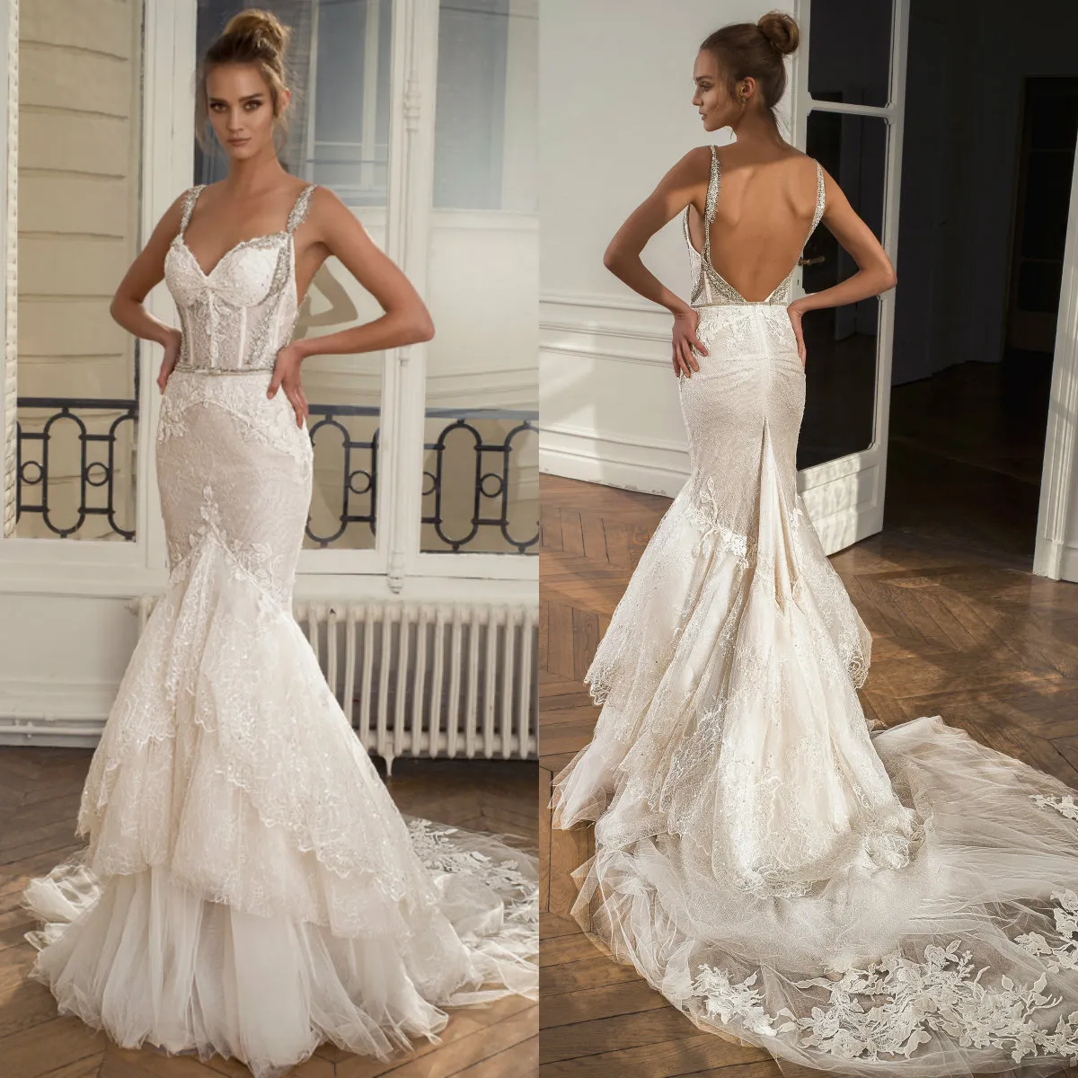 2019 Lace Beaded Mermaid Wedding Dresses Appliqued V Neck Court Train Backless Wedding Dress Bridal Gowns Custom Plus Size abiti da sposa