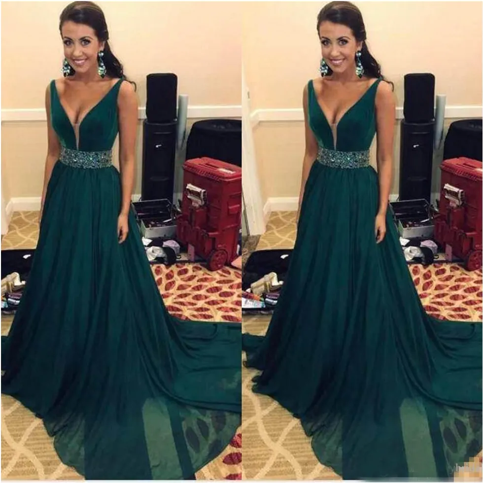 2020 A-Line Deep V-Neck Special Occasion Dresses Chiffon Charming Evening Dresses Hunter Green Prom Dresses Sash With Beaded Sequins