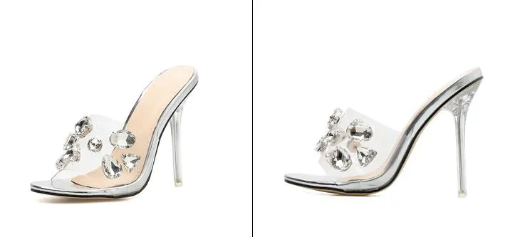 Chic Rhinestone Crystal Transparent Heel Mules Clear Sandals Silver Wedding Shoes Come With Box Size 35 to 40