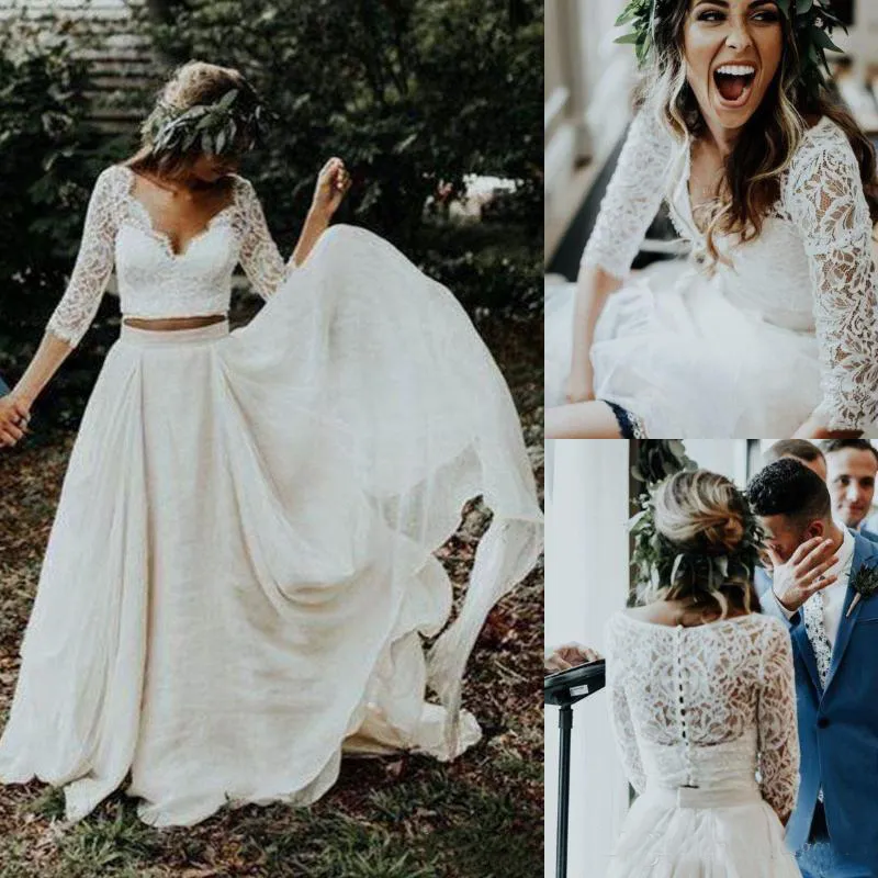 2019 Pas Cher Plage Boho Robes De Mariée Manches Longues Une Ligne En Mousseline De Soie Blanche Dentelle Plus La Taille Robe De Mariée De Mariée Deux Pièces Pays Weddi293C