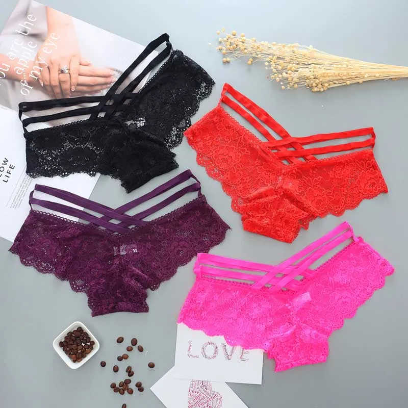 Sexy Lace Panties Floral Criss Cross Bandage Briefs Transparent Women Underwear Stranppy Thong lingerie Sexy Clothes Drop Ship 190474