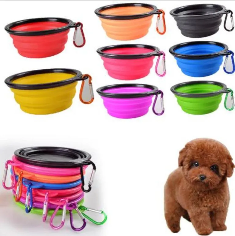 Portable Dog Bowl Składany Silicone Pet Cat Dog Food Water Feeding Travel Bowl do Puppy Doggy Feeder Container z karabinowym