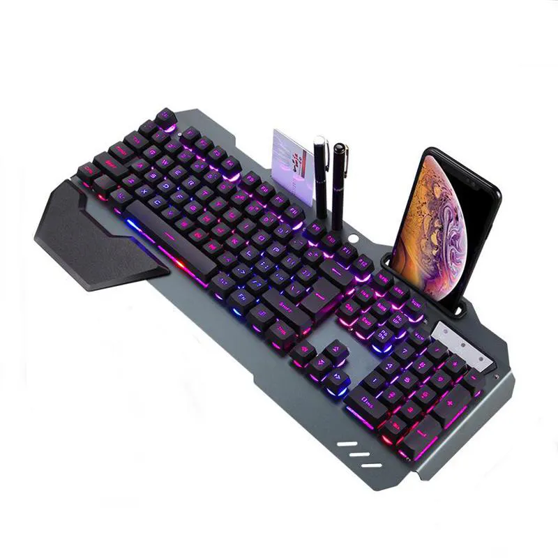 LED Işıkları Klavye USB Kablolu Metal Panel ile Telefon Tutucu Oyun Klavyeleri RGB Arkadan Aydınlatmalı Optik Profesyonel Lol Gamer