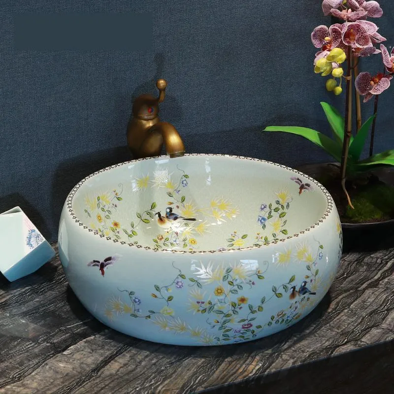 Flower bird Bathroom Counter Top Wash Basin Cloakroom Hand Painted Vessel Sink bathroom sink patterned ceramic sink round