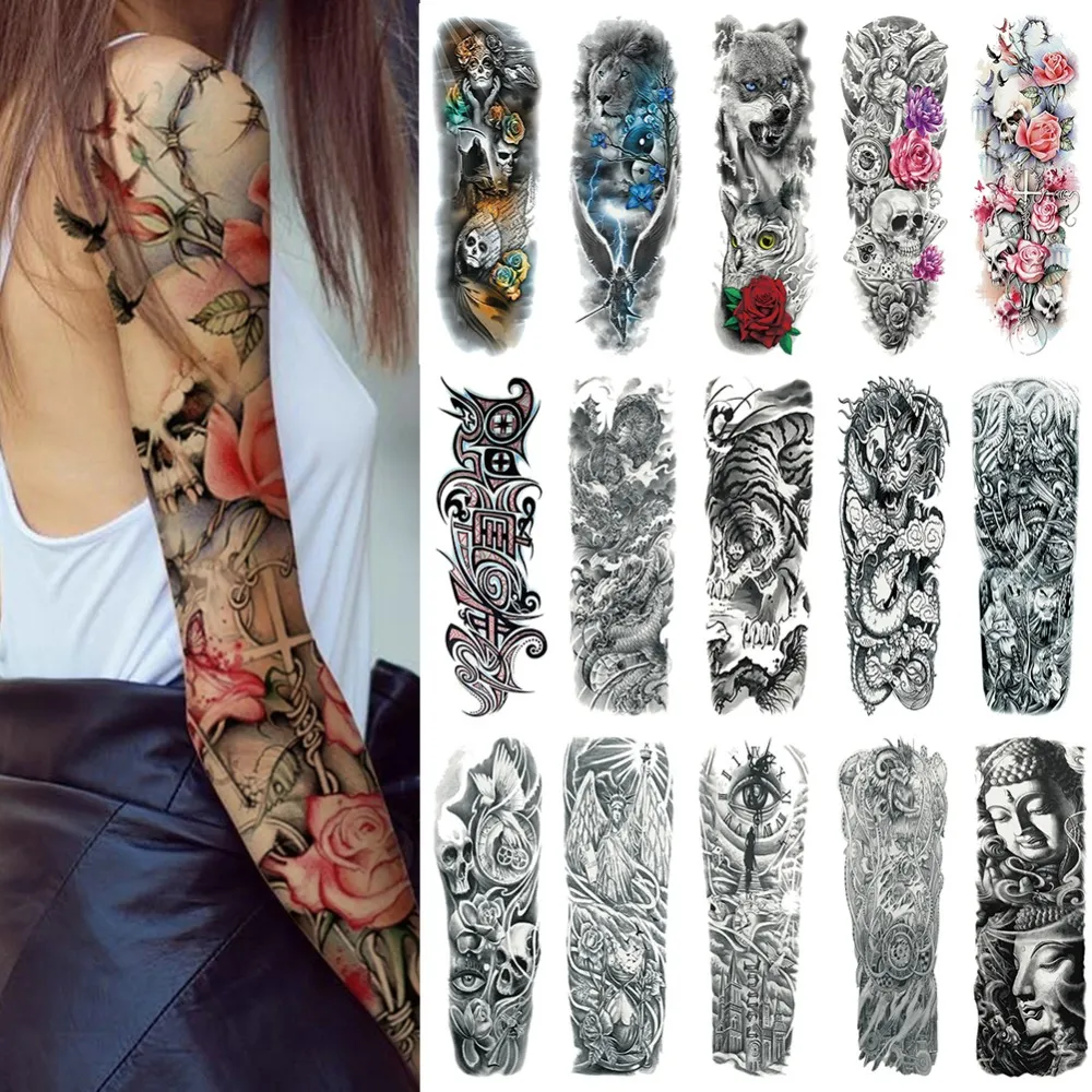 25 Design Vattentät Tillfällig Tatuering Klistermärke Full ARM Stor storlek Arm Tatoo Flash Fake Tatueringar Ärm För Män Kvinnor Tjej