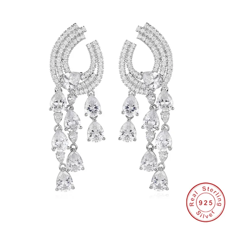 Luxury 925 silver Austria 5a cubic zirconia water drop shaped fancy stones long drop earrings for women gorgeous wedding Jewelry