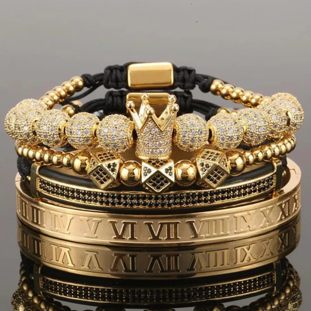 4 stks/set Goud Hip Hop Handgemaakte Kralen Armband Mannen Koper Pave CZ Zirkoon Kroon Romeinse Cijfer Armbanden Armbanden Sieraden