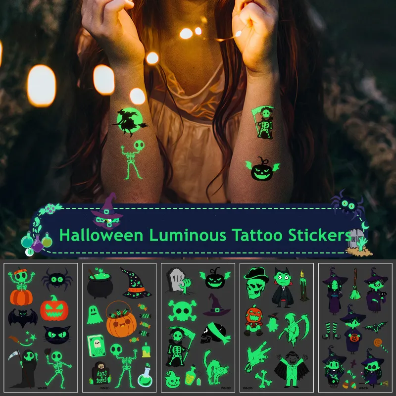 Halloween tatuagem luminosa adesivos Fantasma Taty para crianças falsas tatuagens adesivo kits bruxa brilhante em abóbora escuro temporário