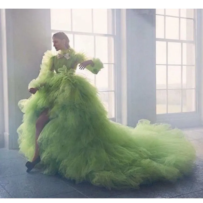 Chic citron vert luxuriant tutu robes de soirée pleine manches longues arc 2020 haut bas longues robes de bal à plusieurs niveaux volants robe de soirée en tulle