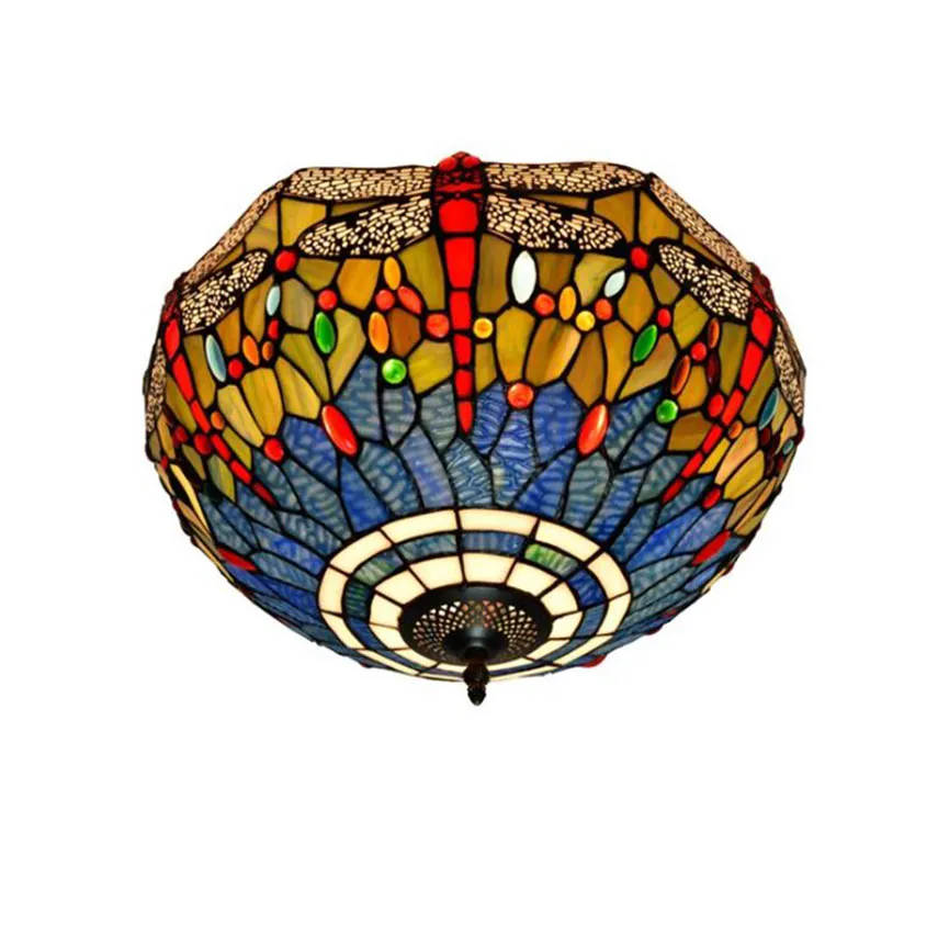 Tiffany Ceiling Lamp Blue Orange Dragonfly Stained Glass Lampshade Anqitue Style Chandelier for Dinner Room Living Room Bedroom Ceiling ligh