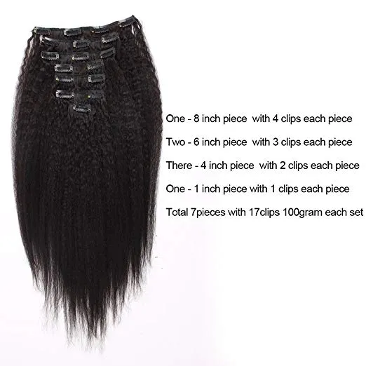 Schwarze Frauen Clip-In-Extensions aus grobem Yaki-Echthaar, 100 % reines Remy-Haar, 9 Stück, 120 g, Güteklasse 8A, für dünnes Haar, natürliches Schwarz