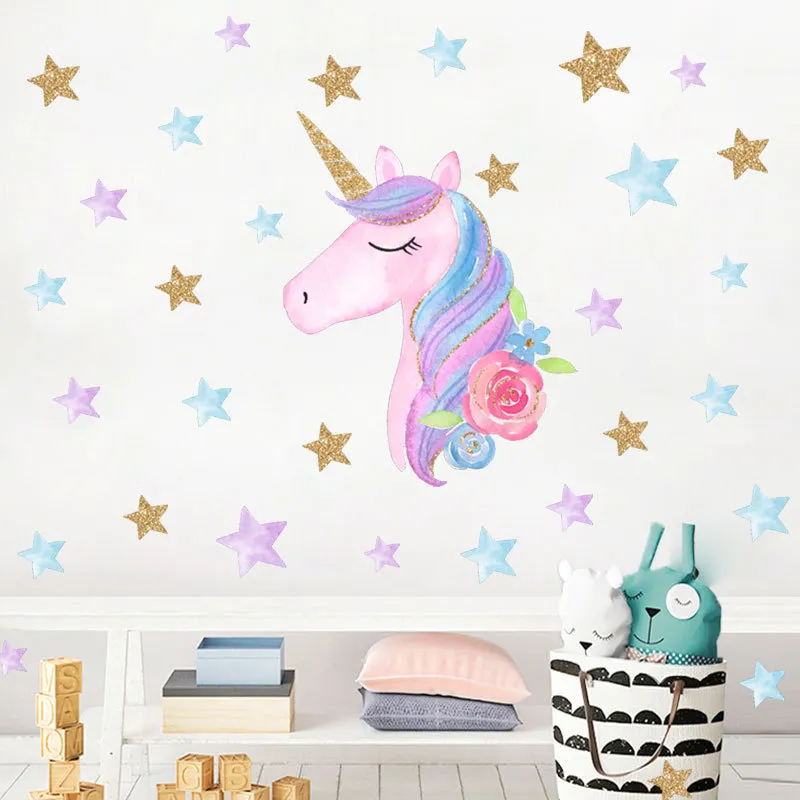 Licorne Enfants Chambre Stickers Muraux Rose Mignon Cartoon