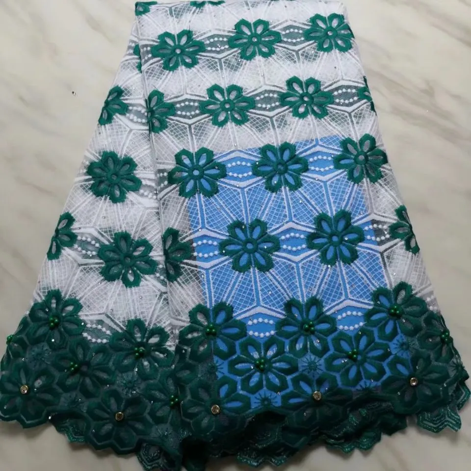 5Yards/pc Elegant green flower african milk silk lace and white french net lace fabric for dress BN133-9