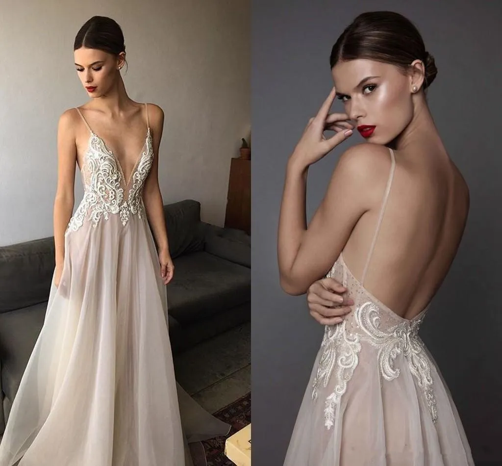 2020 New Ivory Berta Evening Dresses Deep V Neck Spaghetti Straps Embroidered Chiffon Backless Summer Illusion Long Prom Dresses 2018