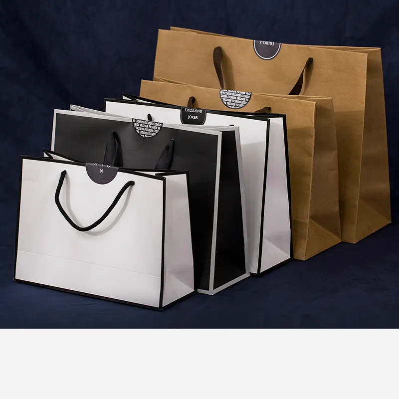 Grand sac d'emballage en papier kraft blanc cadeau de vêtement avec poignées petit sac à provisions noir2682
