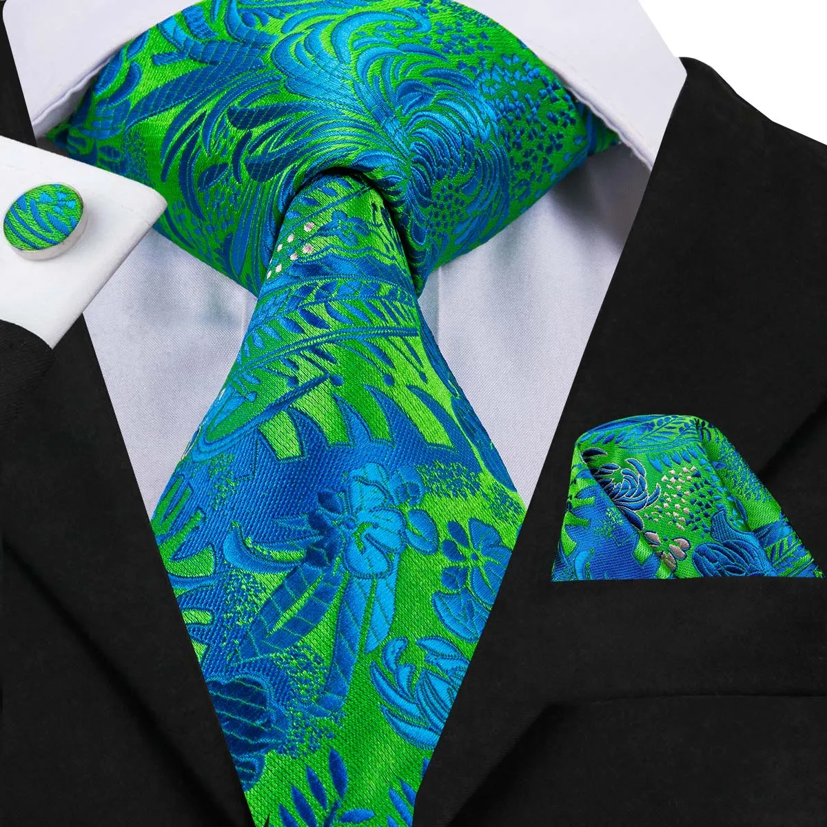 Fast Shipping Floral Tie Green Bule Hanky Cufflinks Sets Men's 100% Silk Ties for men Formal Wedding Party Groom N-3056