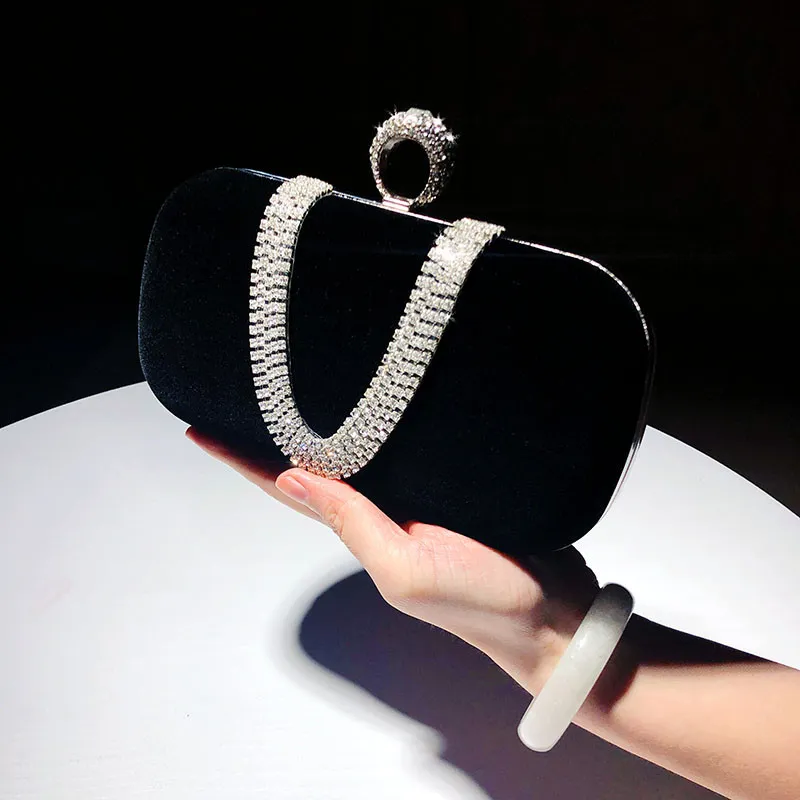 Moda feminina bolsa em forma de u de diamante anel de veludo bolsa de noite bolsa de dedo de luxo bolsa de mão bolsa festa de casamento com corrente