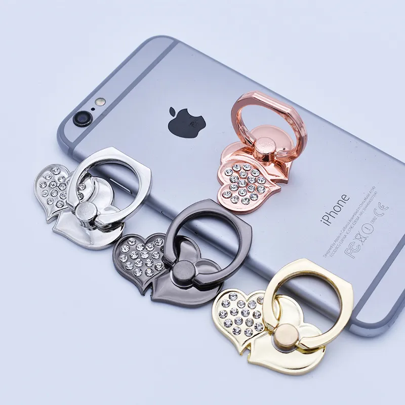 Universal 360 Degree Double Love Heart Shape Finger Ring Holder Crystal Diamond Ring Phone Holder Stand Phone Holder