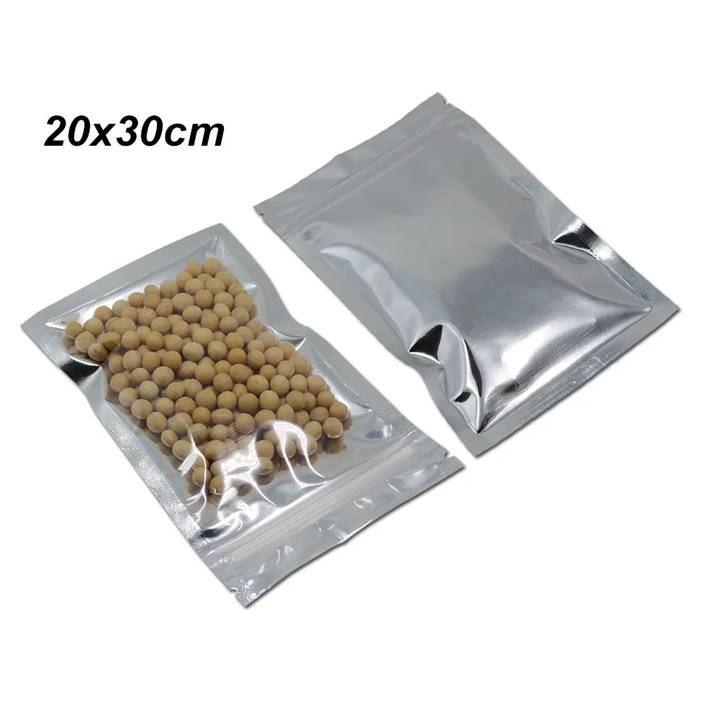 20x30 cm 50pcs Clear Front Aluminum Foil Zipper Food Storage Bag with Notch Mylar Foil Zipper Snack Spice Packing Pouch for Kitchen Supply