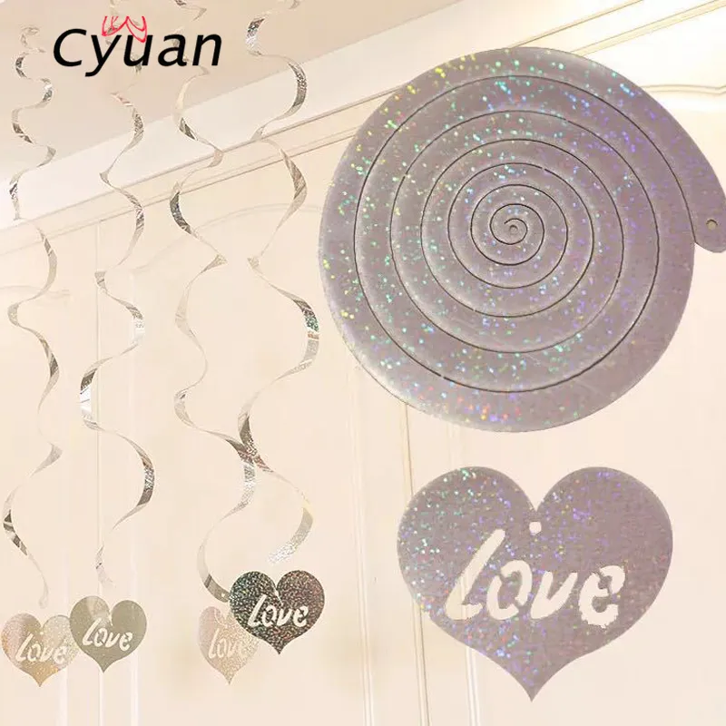 Cyuan 12 adet / grup PVC Aşk Kalp Folyo Asılı Swirls Spiral Süsler Sevgililer Günü Düğün Yıldönümü Partisi Dekorasyon Malzemeleri