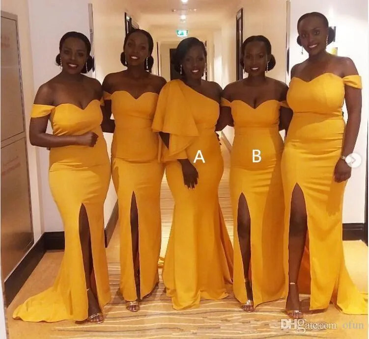 New Sexy Mermaid Long Bridesmaid Dresses African Off The Shoulder Split Satin Plus Size Maid of Honor Dresses Yellow Wedding Guest Dress