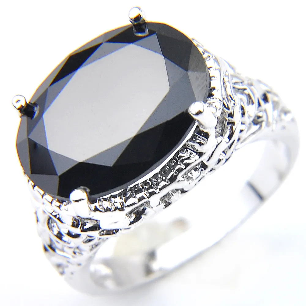 Nyankomst -6 stycken/lott Unika festsmycken Oval Svart Onyx Kristall Ädelsten Ryssland 925 Sterling Silver Pläterad USA Bröllopsfest Ring