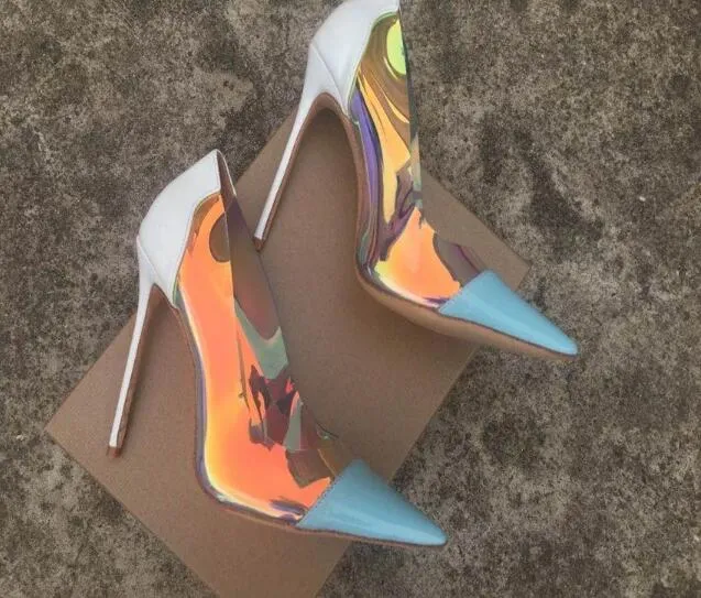 Pink Blue Pointed Toe Clear PVC Pumps Woman Neon Yellow Mixed Color Stiletto Heels Slip On Patchwork Shallow Wedding Shoes