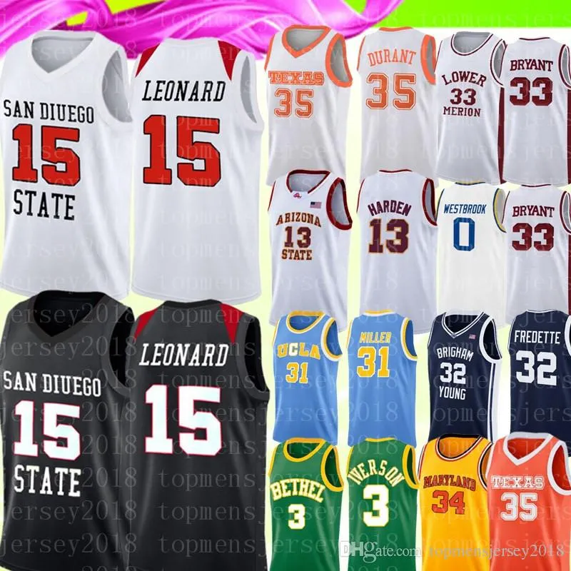 Kawhi 15 Leonard Jersey NCAA VANCE 15 Carter 35 Kevin Durant 3 Iverson 34 Bias 13 Harden Borduurwerk Basketbal Jerseys