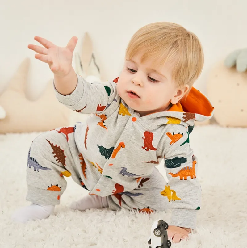 Cartoon Dinosaur Hooded Cotton Romper For Toddler Boys And Girls