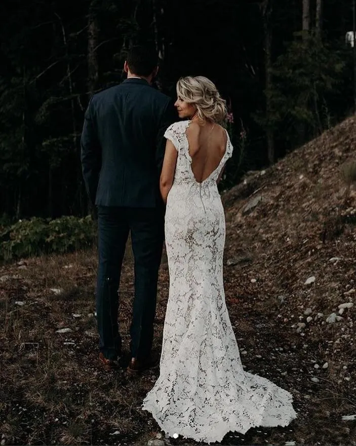 Chic Boho Wedding Dress Lace Sexy V Neck Backless