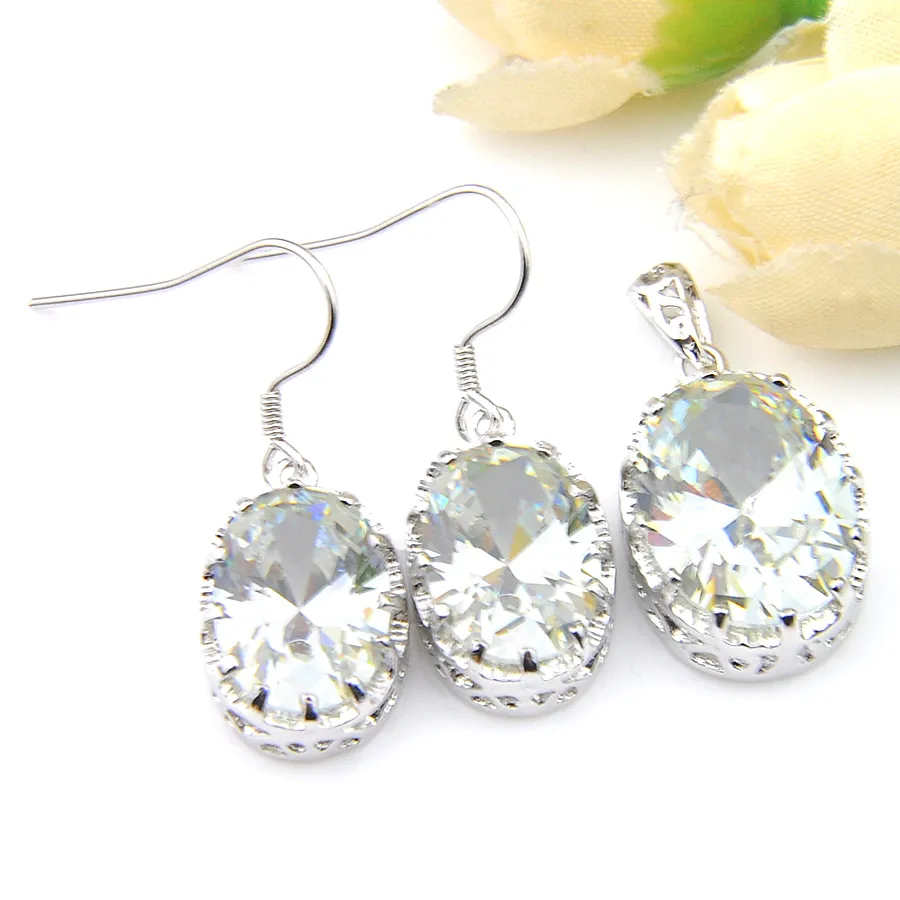 Classic 2 Pieces 1 Set Earrings Pendants Sets Silver Oval White Topaz Zircon for Woman's Newest bride Weddings Jewelry Sets