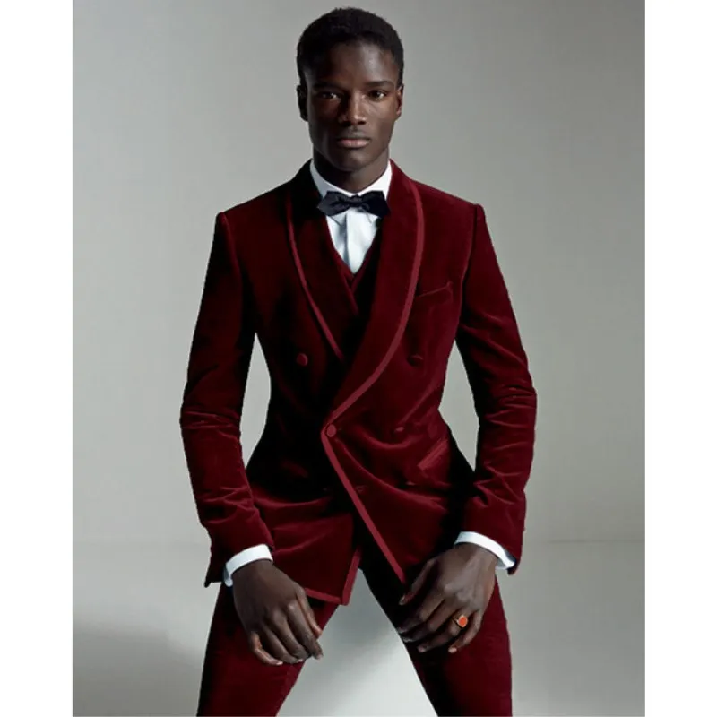 Costume Homme 2020 Burgundy Velvet Suit Men Groom Blazer Slim Fit
