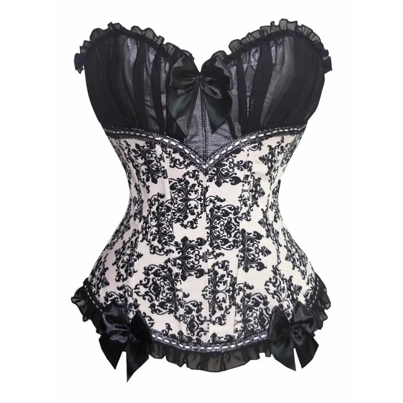 Contraste Floral Renda Ruched Overbust Corpete Dança Espartilho Top Moda Feminina Espartilho Corset Voltar Zipper Renda com Laço Detalhe S-XXL