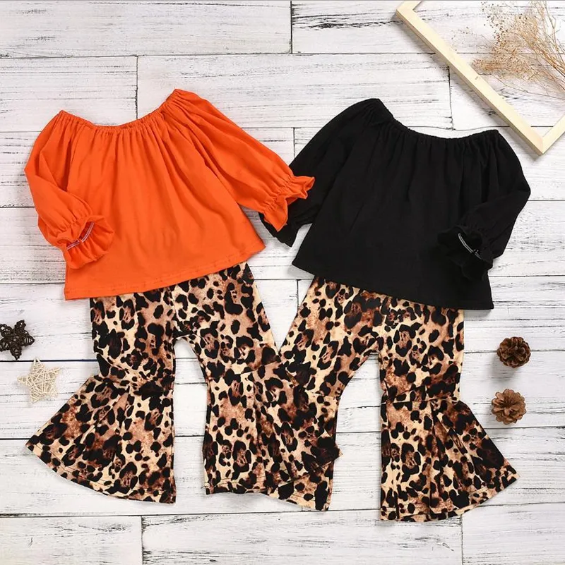 Roupa do bebê da menina Puff Sleeve Tops Leopard Calças 2pcs Sets Criança Flared Calças Ternos Designer Crianças Conjuntos Boutique Roupas de bebê 4889