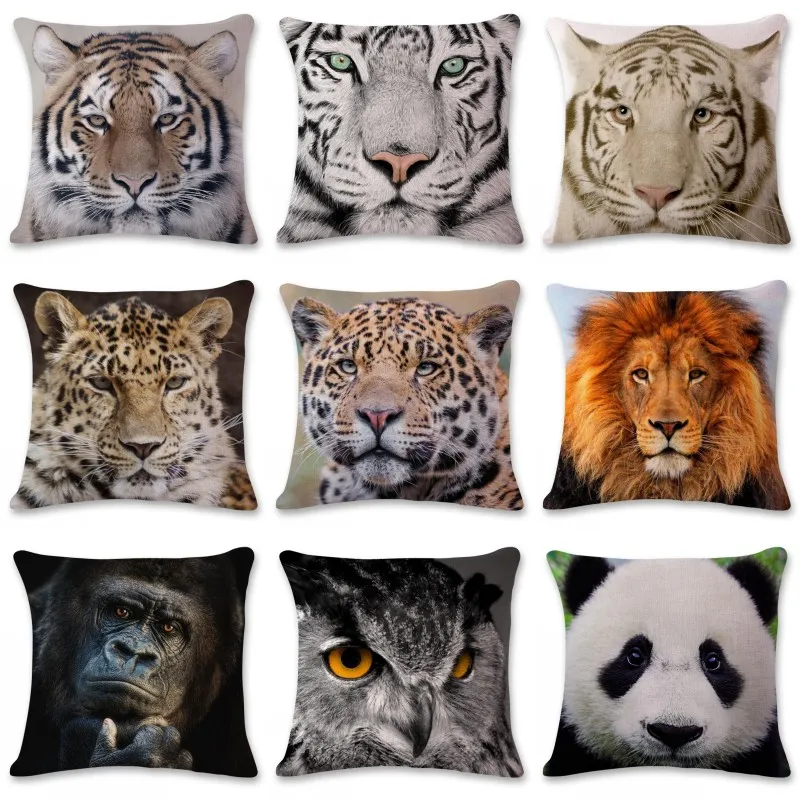 Söt djur kudde täcka panda tiger lejon elefant tryckt kuddehus linne kudde case bil kuddehölje hem dekoration 45 * 45cm