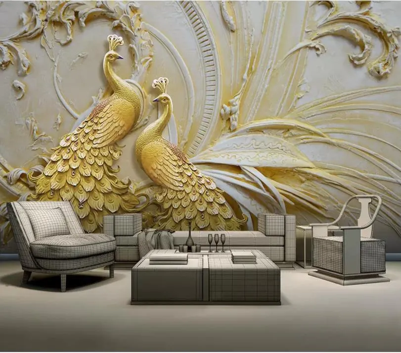 Tapete für Wände 3 D für Wohnzimmer 3D geprägter goldener Pfau Hintergrund Wandmalerei