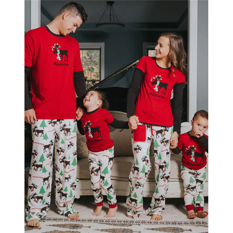 Newest Christmas Pajamas Family Look Elk Christmas Tree Printed Tops Pants Suit Home Pajamas Sets Family Clothing Sets Matching Outfits