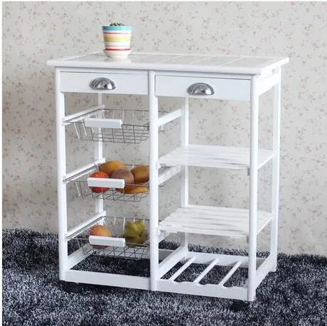 Moda Livre transporte grosso Cozinha Sala de jantar Cart 2-gaveta 3-Basket 3-Shelf armazenamento Rack com a Rolling Rodas Branco