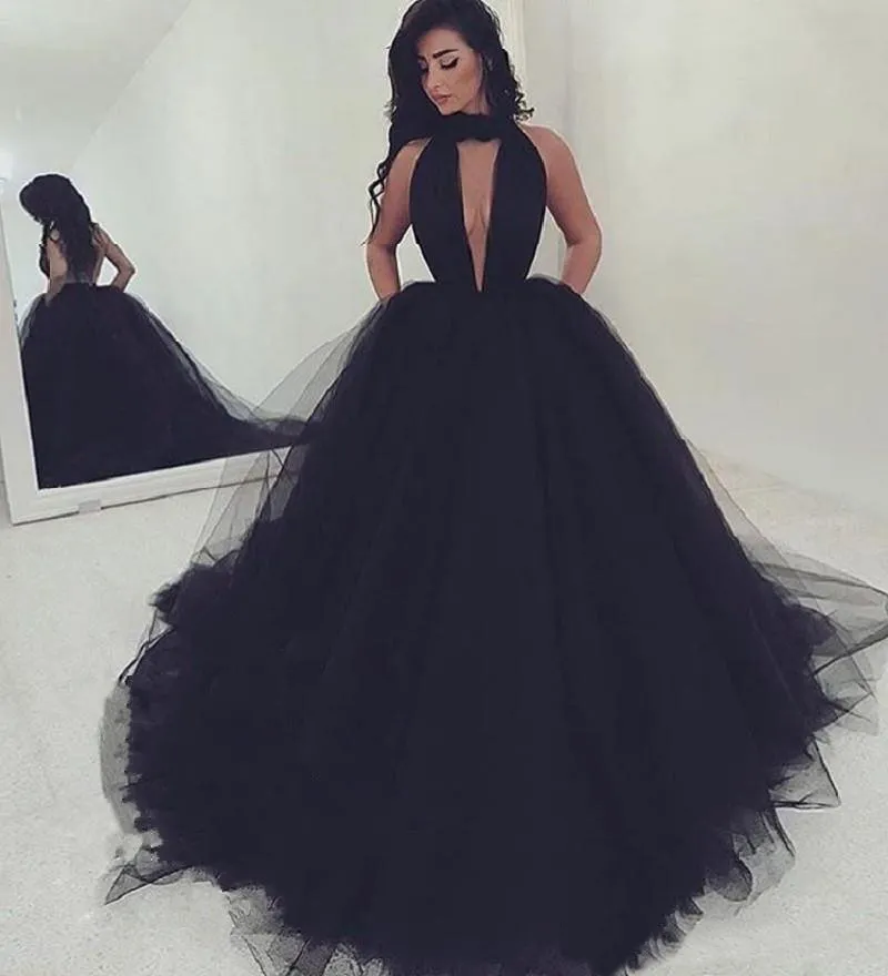 Nowa Długa Sukienka Wieczorowa Nosić Puffy Tulle Kobiety Koktajl Party Suknie Custom Made Sexy Halter Backless Black Prom Dresses