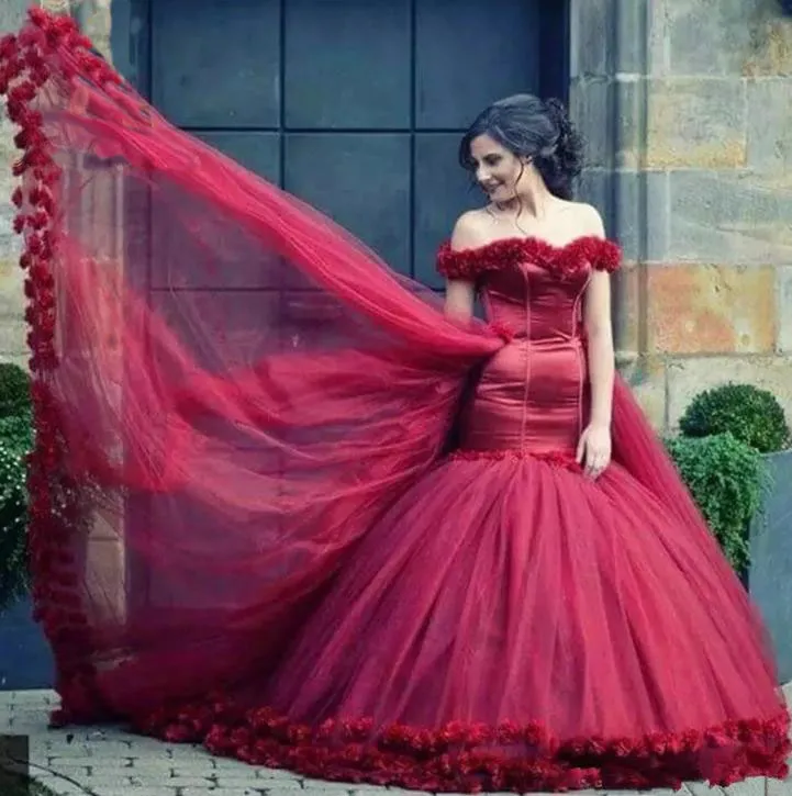 Dernière robe de mariée rouge chérie, épaules dénudées, jupe détachable, longue queue, robe de mariée pakistanaise avec fleurs 3D