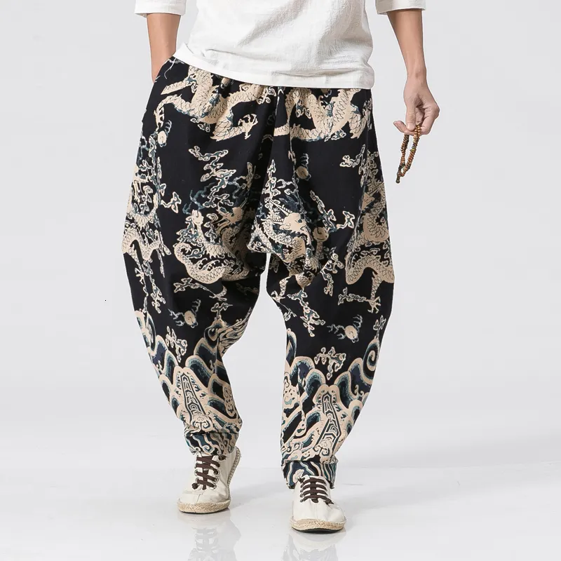 Nieuwe Dragon Printing Harem Broek Mannen Chinese stijl Casual Losse Katoen Linnen Sweatpants Jogger Broek Mens Streetwear Broek CJ191210