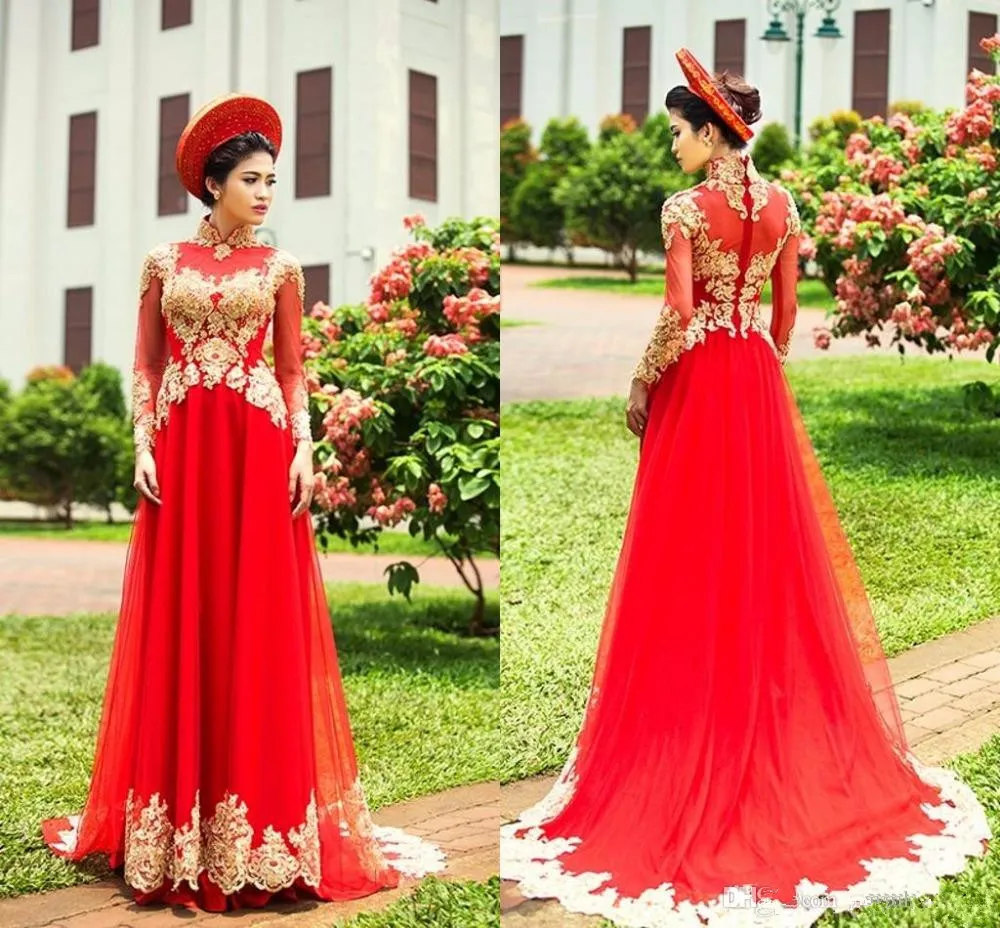 Roter Tüll A Line Abendkleider mit Applique Chinesischen Stil Stehkragen Langarm Prom Kleider Party Abendkleider