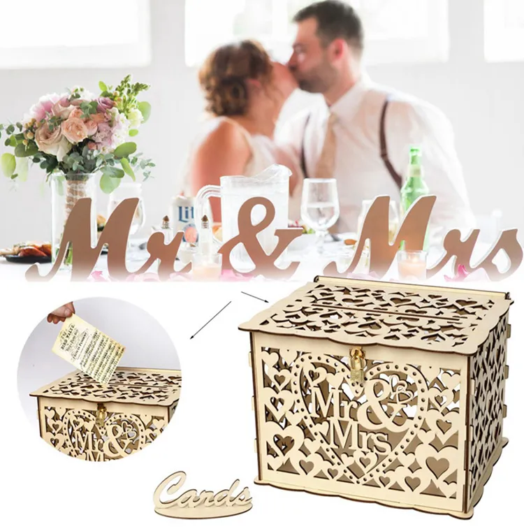 FENGRISE Vintage Wedding Card Box With Lock Wedding Decor Wedding Party Supplies Anniversary Birthday Party Decor Baby Shower