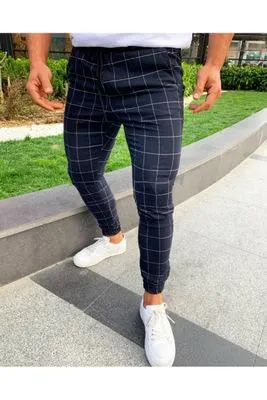 Sexy alta wasit primavera verão moda bolso masculino fino ajuste xadrez calças de perna reta casual lápis jogger casual calças229t