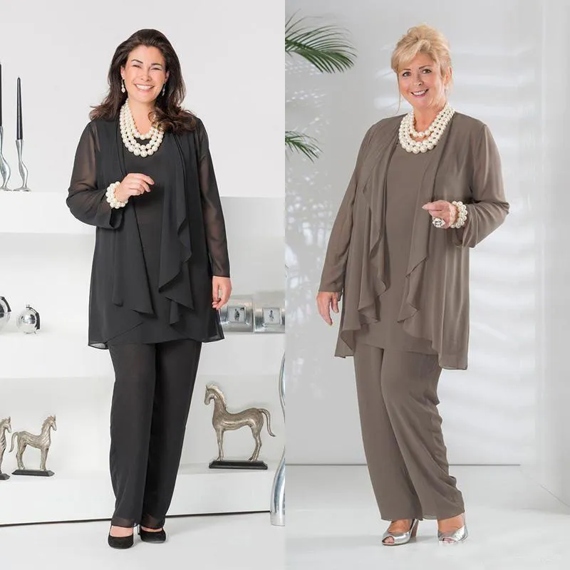 Three Pieces Chiffon Mother Of The Bride Pant Suits Jewel Neck